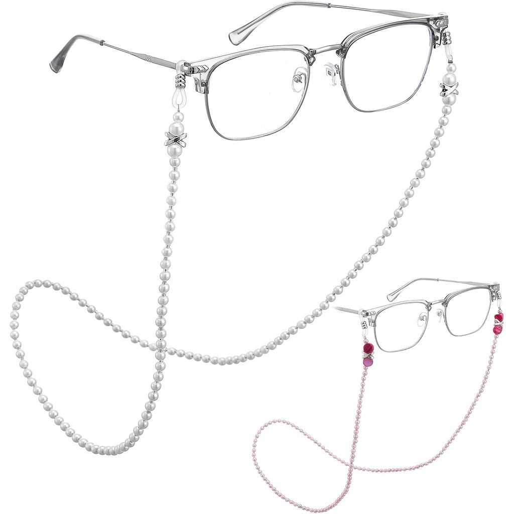 2 Pcs Pearl Eyeglass Glasses Chain for Women,Eyeglasses Strap Lanyard Stylish Eye Glasses Holders Around Neck Beaded Eye