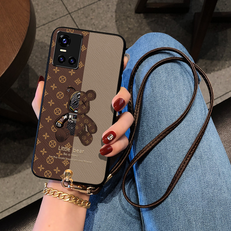 Icool Adequado para vivoS10 Bear Phone Case s12pro Listrado Urso Capa Protetora S9E Halter Neck Lanyard Silicone Feminin