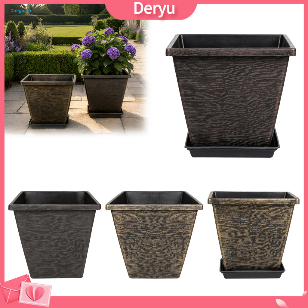 Resin Planter Pots Decorative Garden Flower Square 10 Inch Plant Pot with Drainage Hole and Saucer – Modern for Indoor
