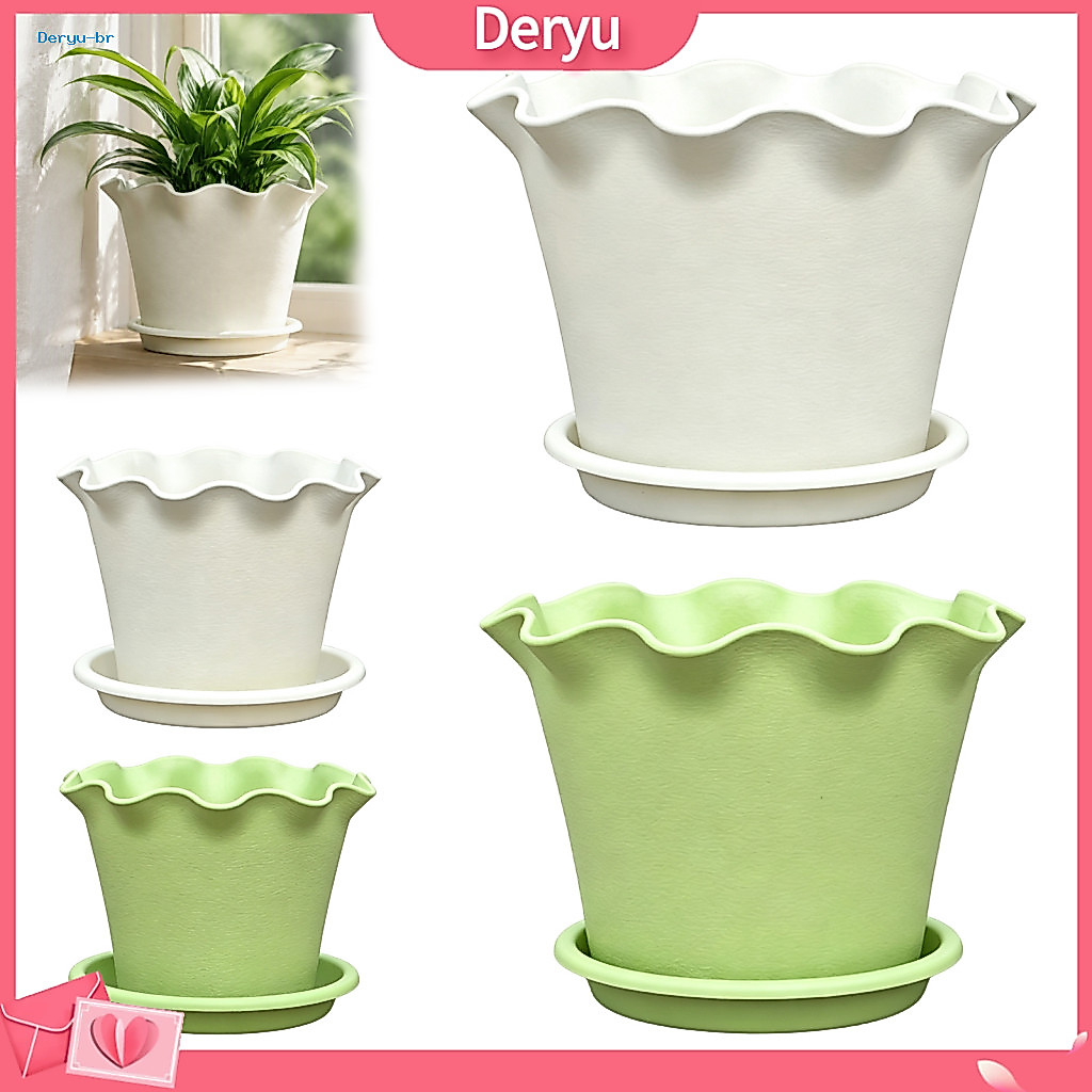 Indoor Outdoor Flower Pots Durable Resin Container Wavy Edge Plant Pot with Saucer Thickened Modern Planter Drainage Hol