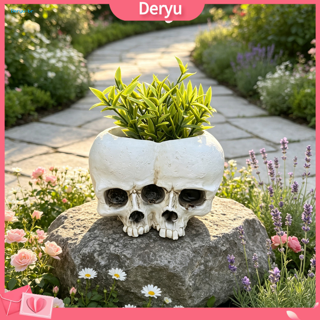 Skull Flower Pot Unique Party Decoration Double Flowerpot for Succulents – Realistic Resin Planter Perfect Halloween I