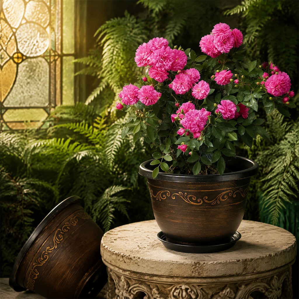 Resin Flower Pots Indoor Outdoor Plant Containers Vintage Planter with Drainage Hole Saucer – Lightweight for Housepla