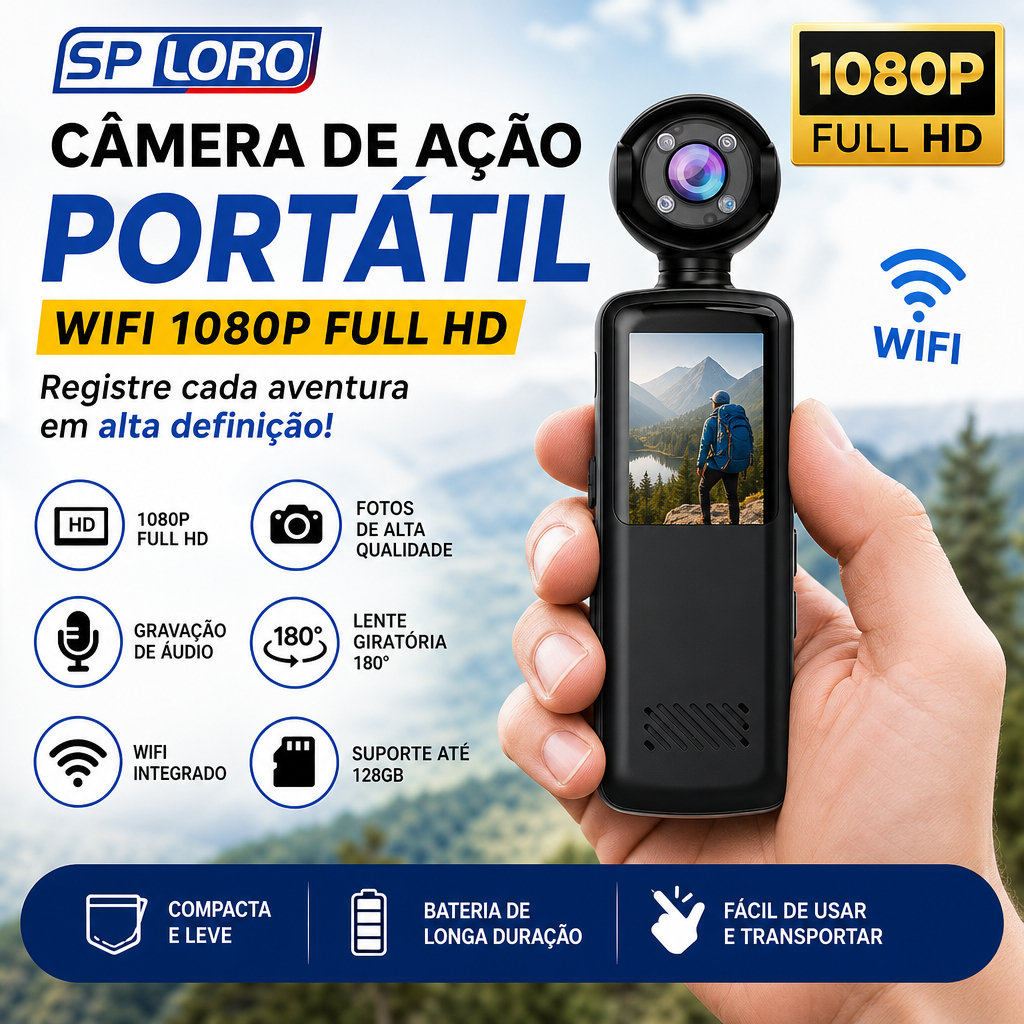 Câmera De Ação WiFi De Bolso 1080P HD Vlog Recorder Gravador De Vídeo Com Tela Giratória Filmadora