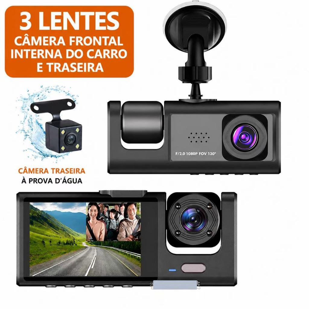 3 Lens DVR Vehicles Security Camera 1080P Video Recorder Record Front, Inside and Rear View