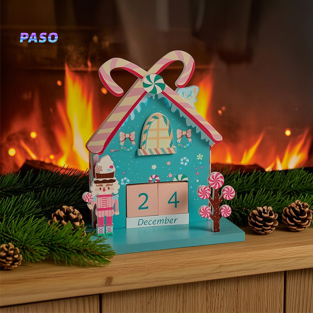 Handmade Wood Craft Wooden Perpetual Calendar Christmas Advent with Gingerbread House Design Countdown Blocks for Xmas D