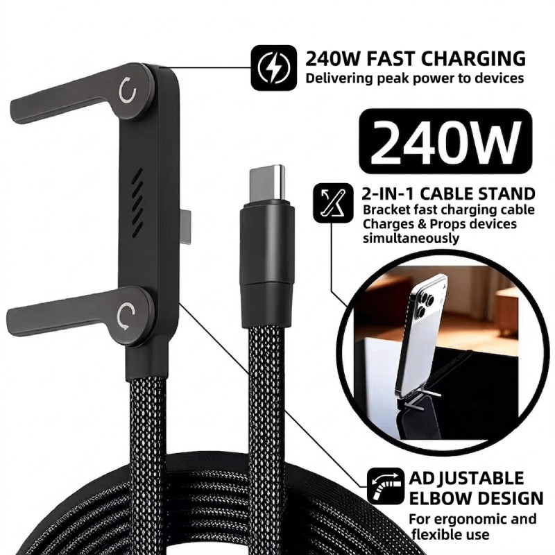 Braided Type-C to Type-C Cable with Foldable Adjustable Phone Stand, Fast Charging Data Sync Cord Durable Anti-break