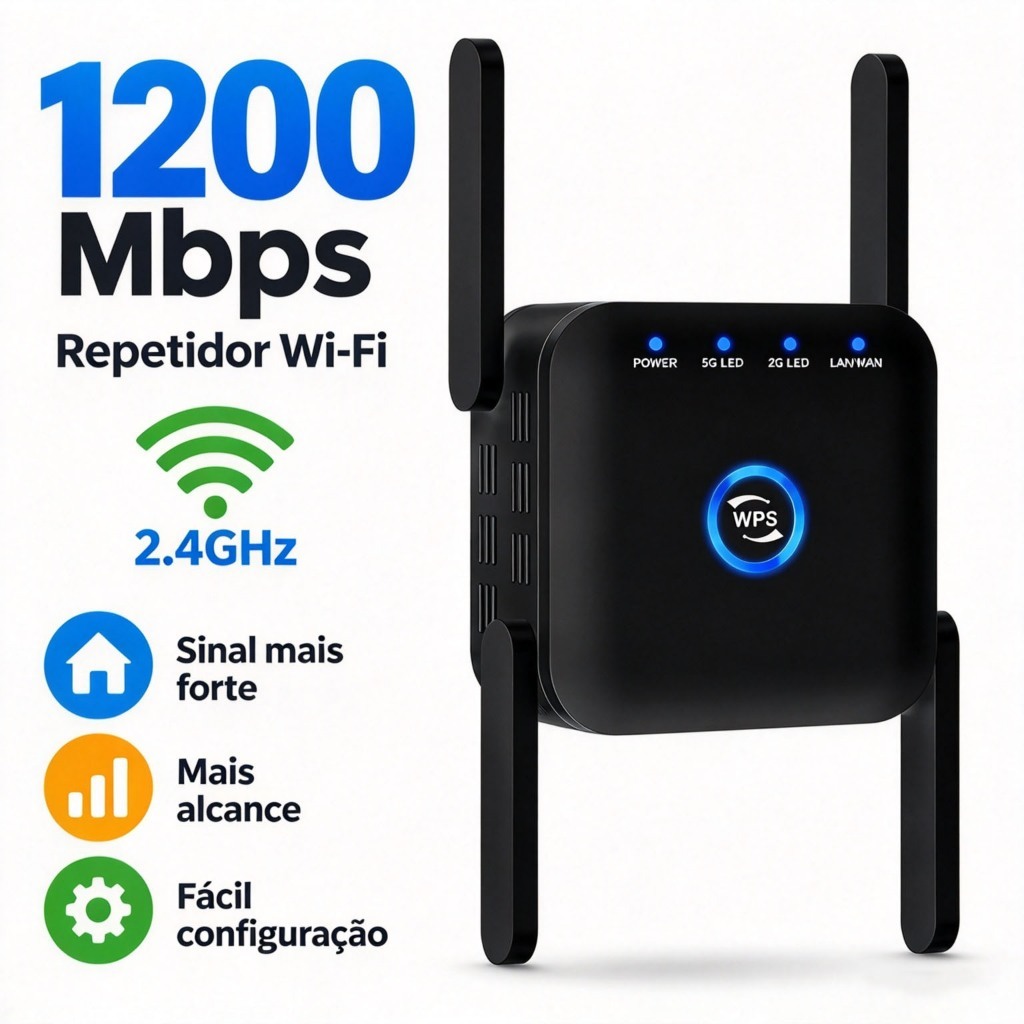 Repetidor WiFi 1200Mbps 2.4GHz Extensor Amplificador de Rede Sem Fio Bivolt Sinal Forte Ultra Rápid