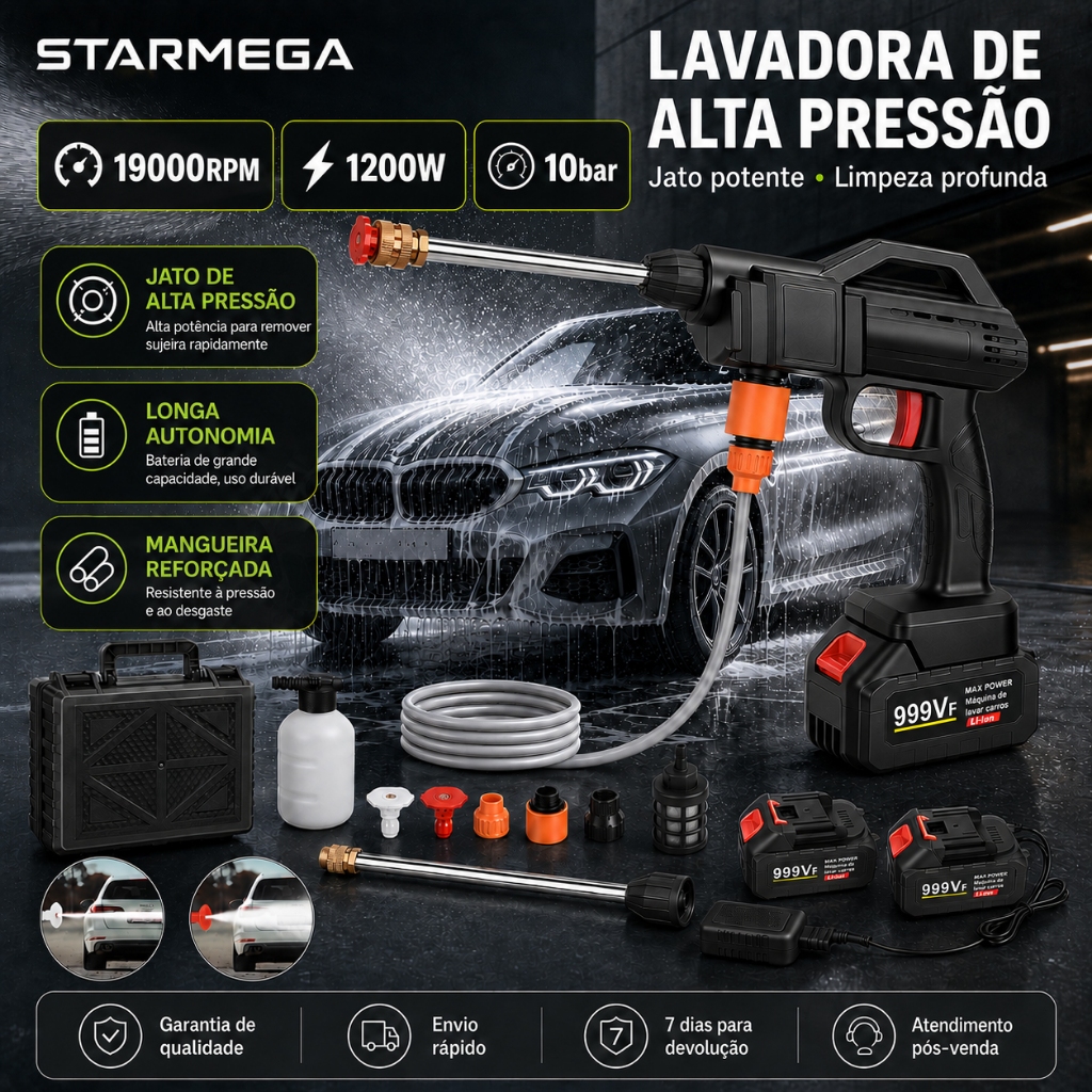 STARMEGA Portable Rechargeable High Pressure Washer for Cars and Gardens Premium Line Professional Car Wash Gun