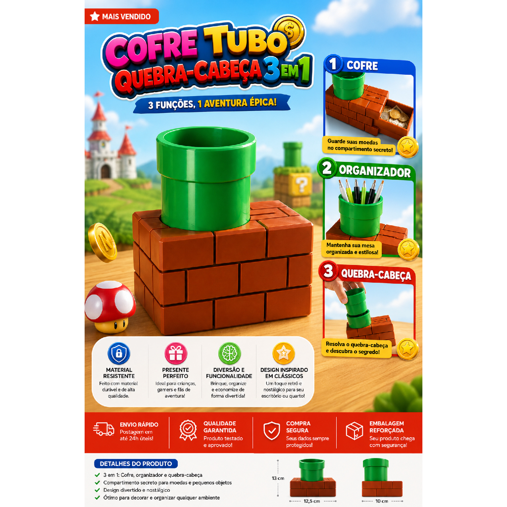 Cofre Tubo Quebra-Cabeça 3 em 1 Organizador de Mesa Porta Moedas Decorativo Mario