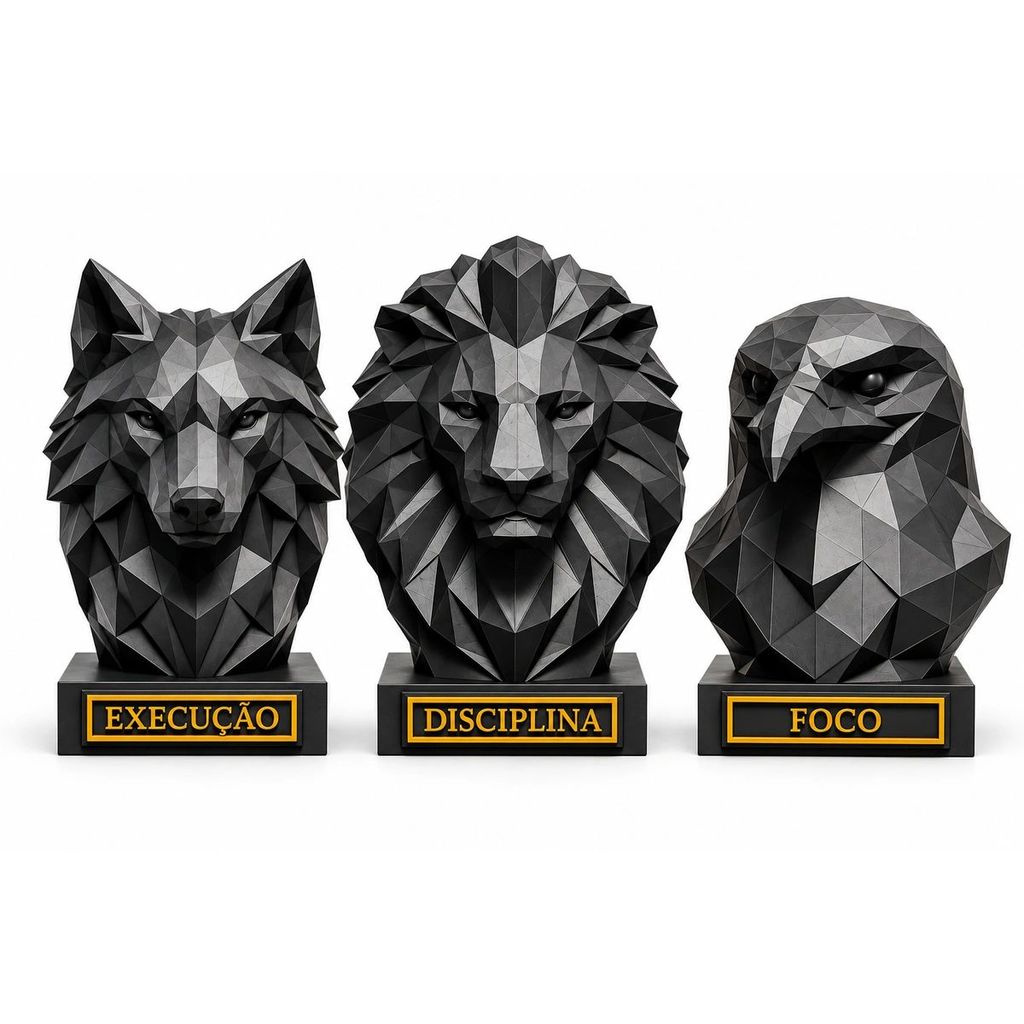 Kit 3 Estátuas Decorativas Águia Leão Lobo Foco Disciplina Execução Decoração