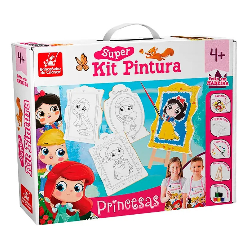 Super Kit Pintura Princesas 🎨👑 4 Telas + Cavalete + 6 Tintas + godê + avental + pincel