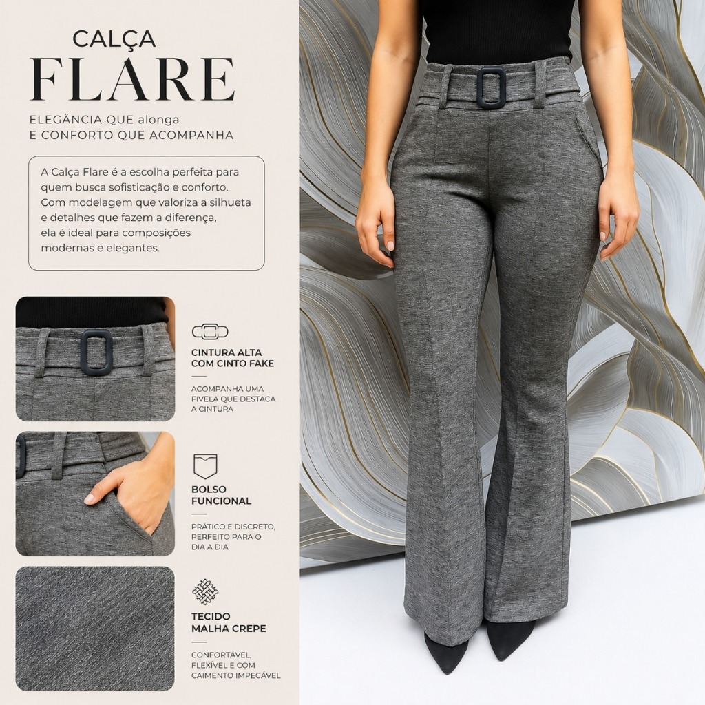 Calça Feminina  Flare  Boca De Sino Cintura Alta Com Cinto na Frente Social Malha Crepe Bolsos Laterais