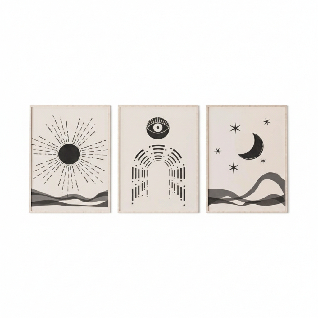 Quadros decorativos Abstratos e astros do sistema solar (3 peças)