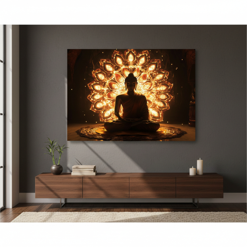 Quadro Arte Religiosa Budista Imagem Buda Meditação Dourado Mandala Zen Canvas 60x40