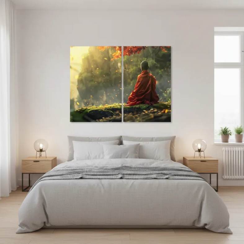 Kit 2 Quadros Decorativos Estilo Asiático Monge Budista Meditação Paz Interior Canvas 60x40
