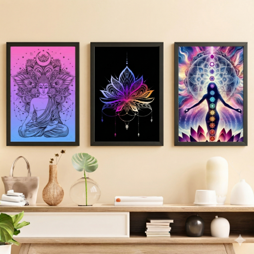 Kit 3 Quadros Meditação Varias Opções, Grande, Sem Moldura, Decoração Yoga, Budista, Zen, Parede