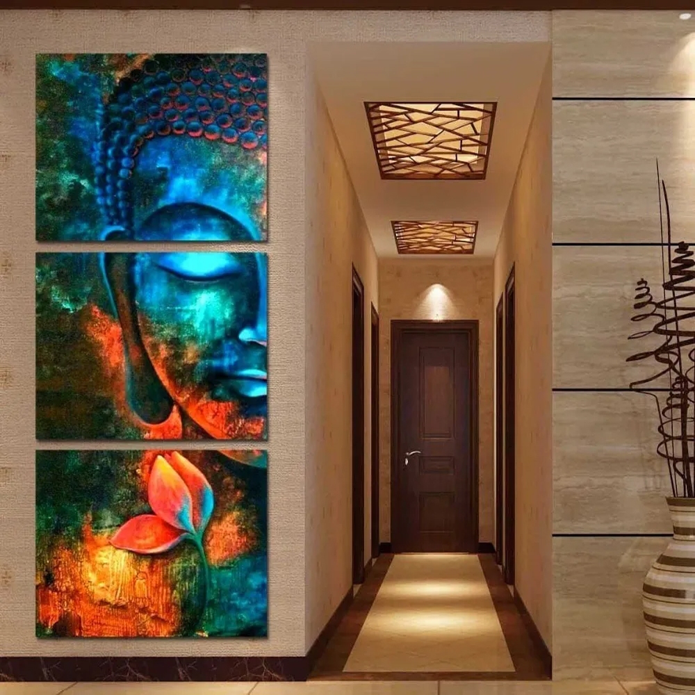Quadro Decorativo 3 Peças Buda Azul Budismo Buddha Crença Religião