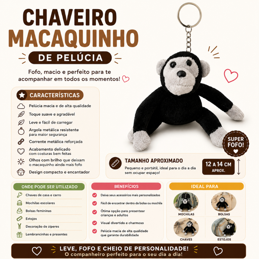 Chaveiro Macaquinho De Pelúcia Fofo Para Bolsa Mochila Chaves Presente