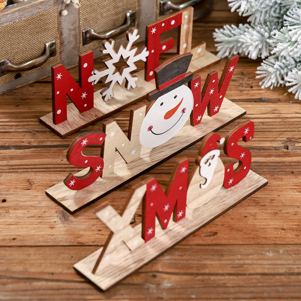 Christmas Table Decorations Desktop Holiday Accents Wooden Sign with Base – Xmas Snow Noel Hollow Letter Centerpiece F