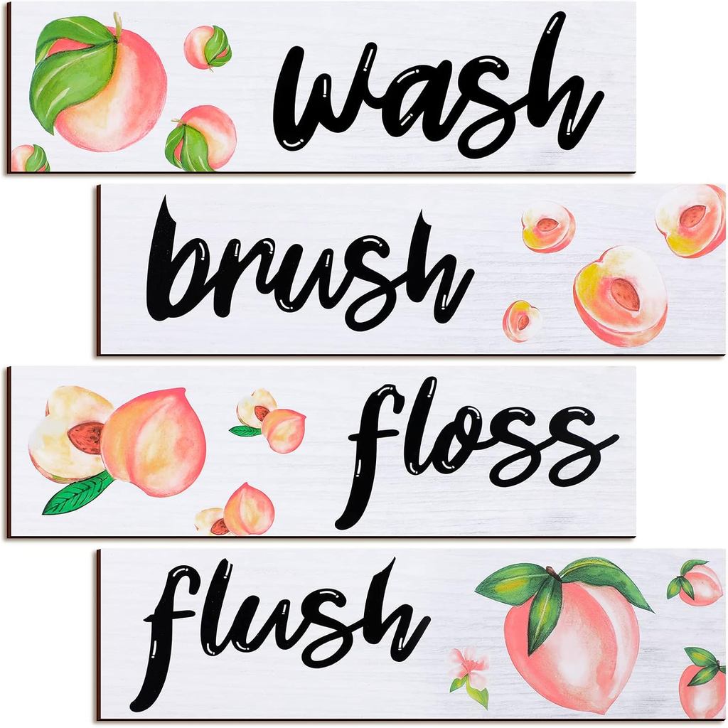 Yookeer 4 Pcs Peach Bathroom Wall Decor, Wooden Peach Bathroom Decor Rustic Wash Brush Floss Flush Hanging Letter Art Fa