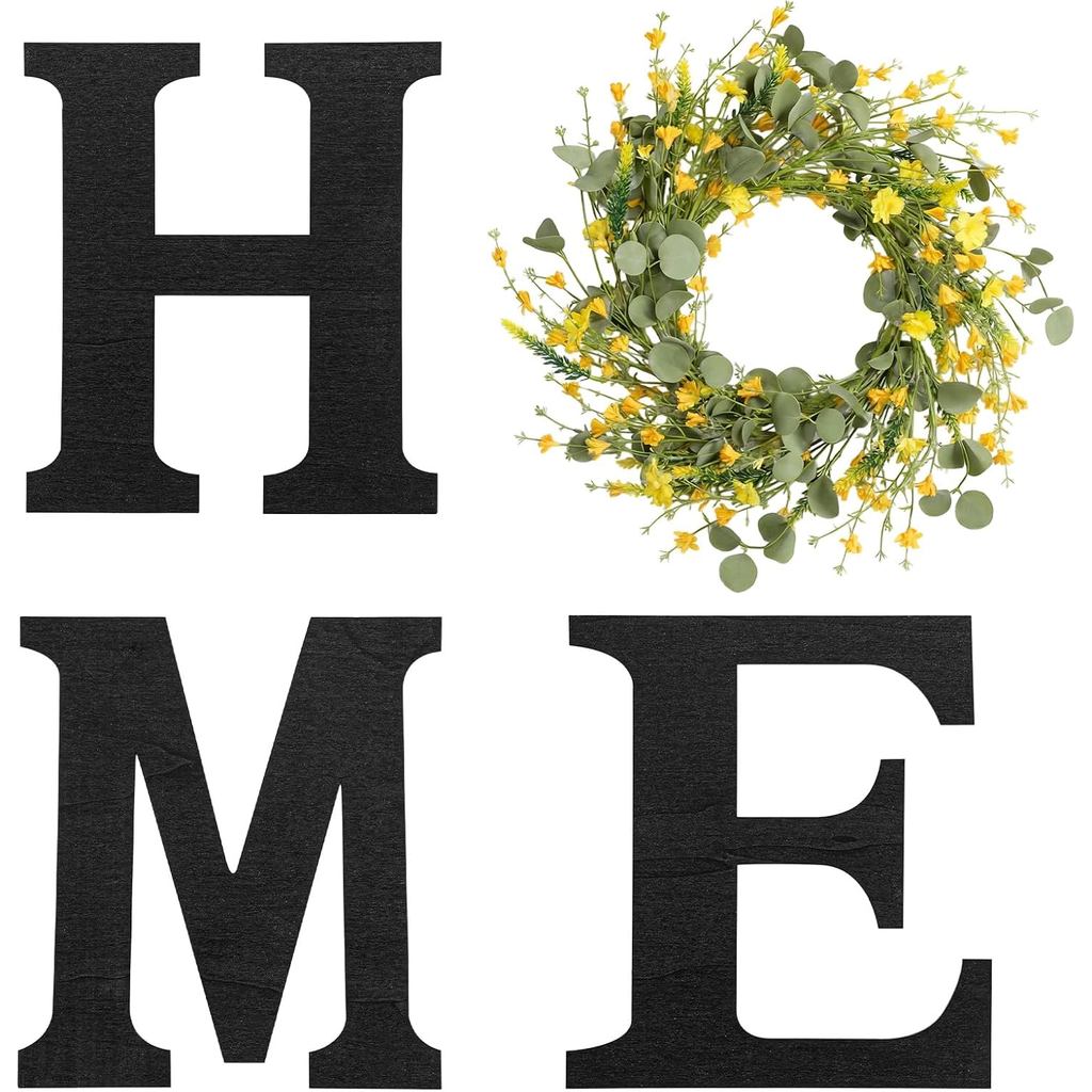 Wooden Home Letter Wall Decor with Artificial Eucalyptus Wreath Hanging Farmhouse Wooden Decoration for Living Room Wall