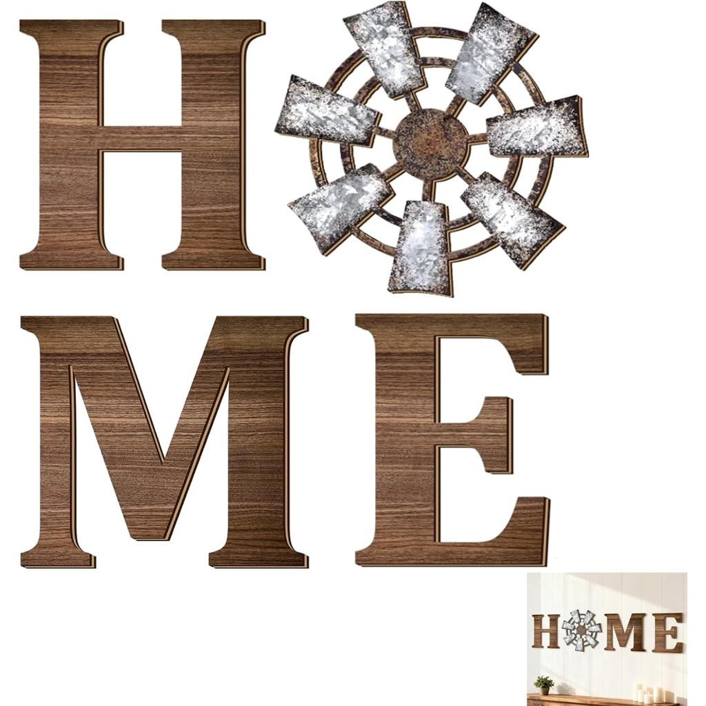 Windmill Home Letters Wood Sign, Set of 4, Brown Rustic Farmhouse Wall Decor & Home Sign Wall Decor - Wooden Hanging Dec