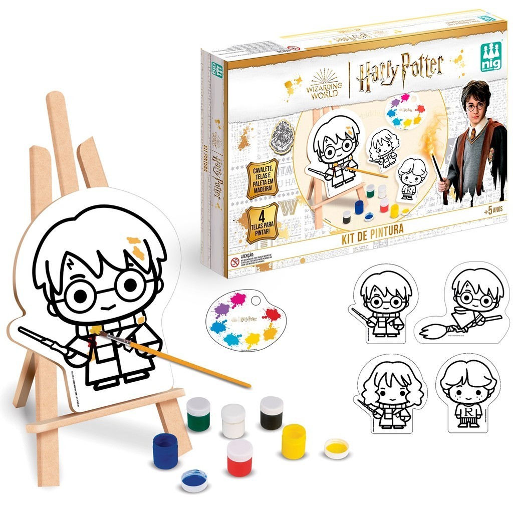 Super Kit Pintura Animais Harry Potter Wizarding World Com 4 Telas, Cavalete , 6 Tintas - Nig Brinquedos