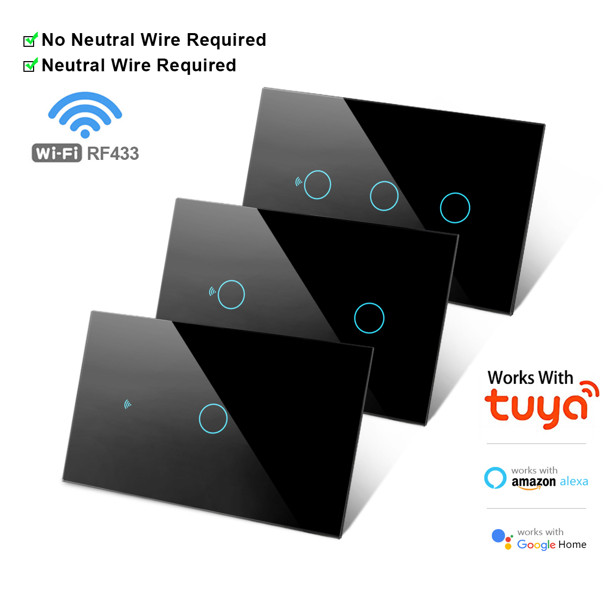 Axus Smart Switch Home Light Wall Touch Eua Para Tuya RF433 APP Suporte De Controle Sem Fio Funciona Com Alexa Alice