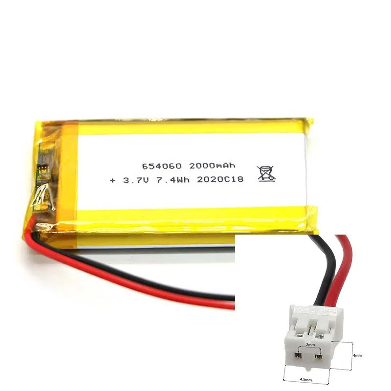 3.7V 2000mAh 654060 Li-Ion Li-Polymer Li 2.0 JST 2Pin Para BRINQUEDOS ELÉTRICOS TABLET CARREGADOR PORTÁTIL DVD GPS MP4 S