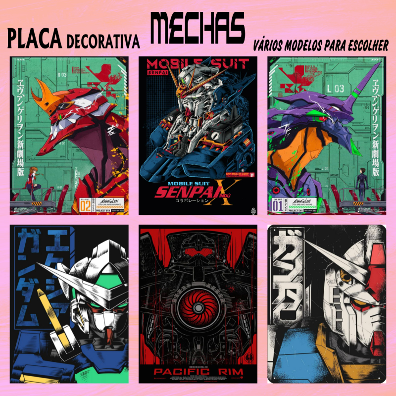 Kit Placas Decorativas Quadros Mecha Gundam Evangelion Pacific Rim Anime Geek Decoração
