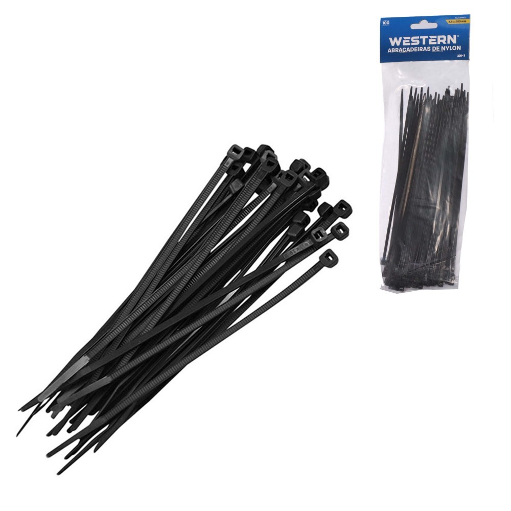 Abraçadeira De Nylon Preta 3,6 X 200 mm Jogo Com 100 Peças Western Enforca Gato