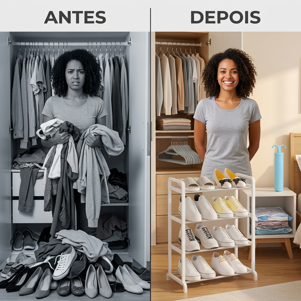 ⚡️Promoção Kit Guarda Roupa Organizado: Bomba Saco + 10 Cabides Slim + Sapateira 4 Andares! ✨