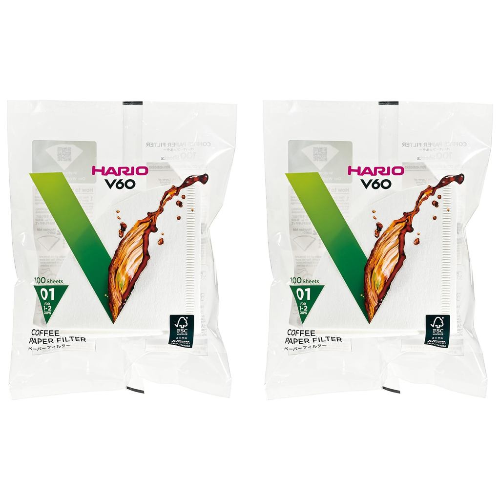 HARIO V60 Paper Filters, White, for 1–2 Cups, Made in Japan, VCF-01-100W, 100 Sheets, Set of 2