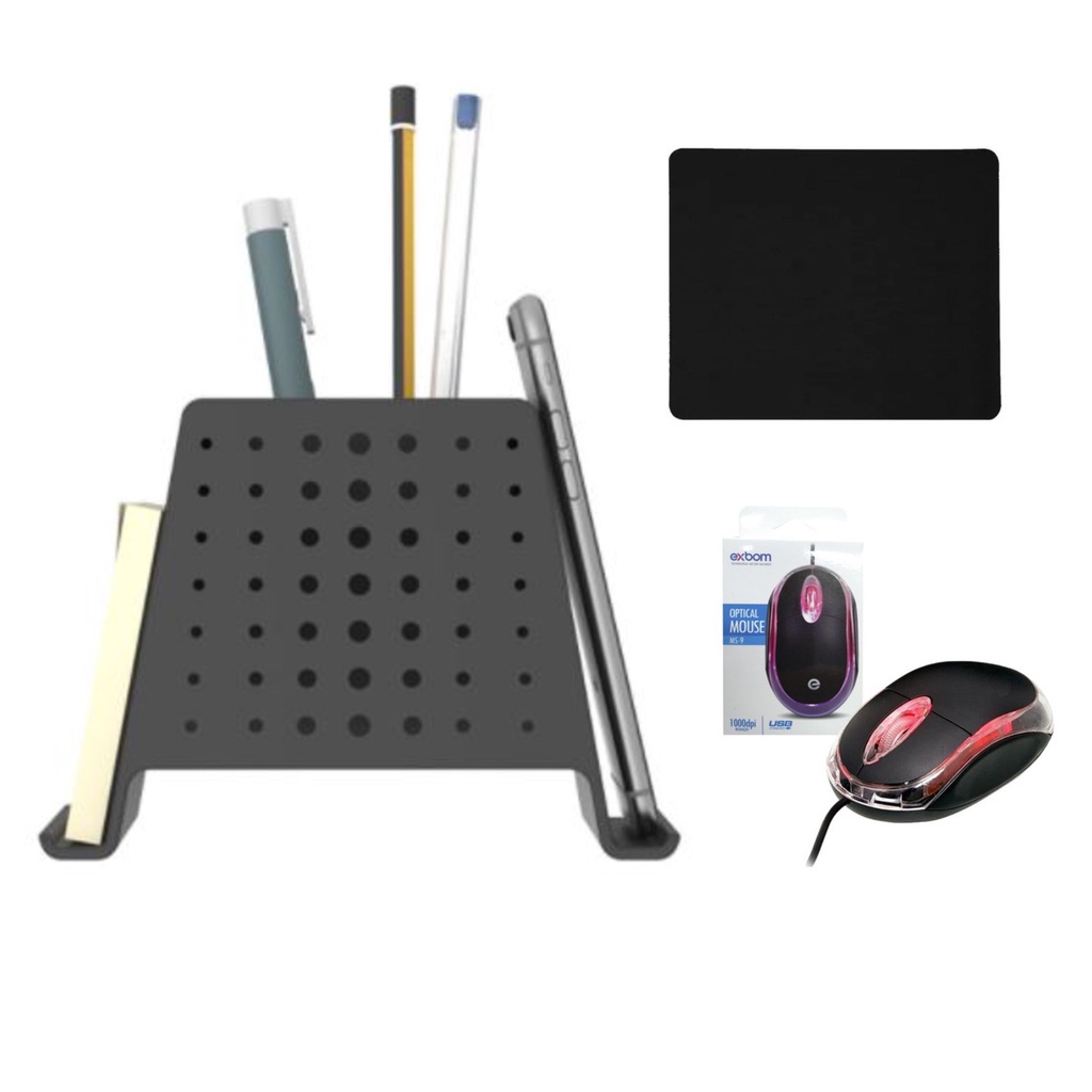 Kit Mouse com Led + Organizador de mesa porta caneta + Mouse Pad Preto