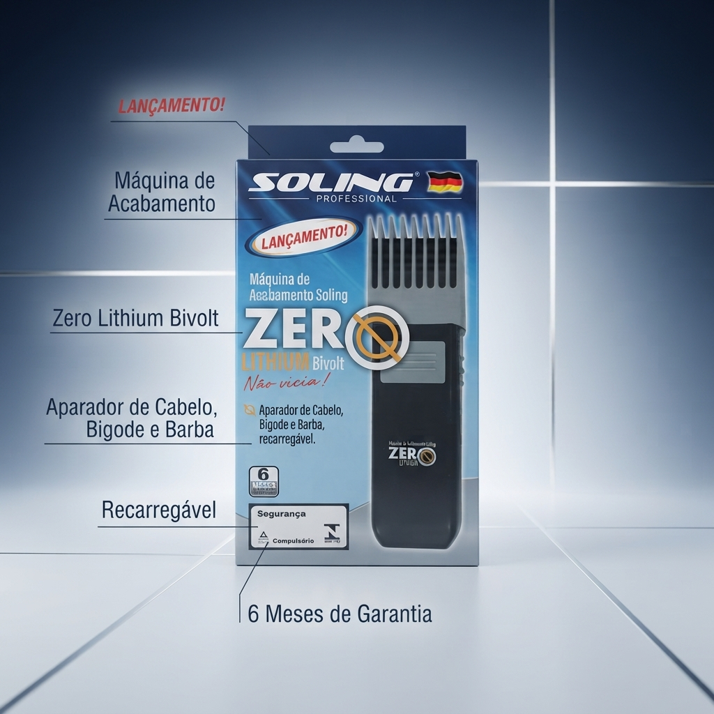 Máquina de Acabamento Soling Zero Lithium Bivolt - Aparador de Cabelo Barba e Bigode Recarregável - Bateria de Lítio