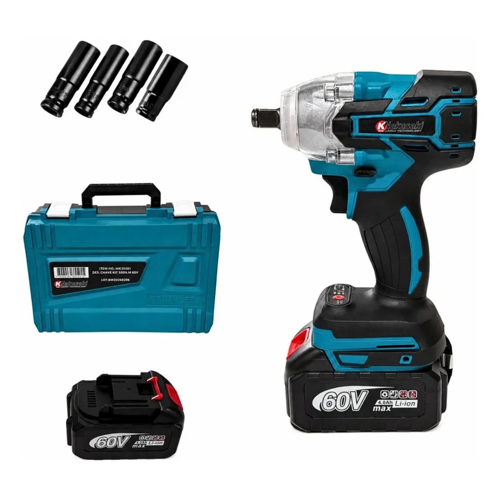 Chave De Impacto 60v Nakasaki Motor Brushless Profissional Com 2 Baterias Lithium