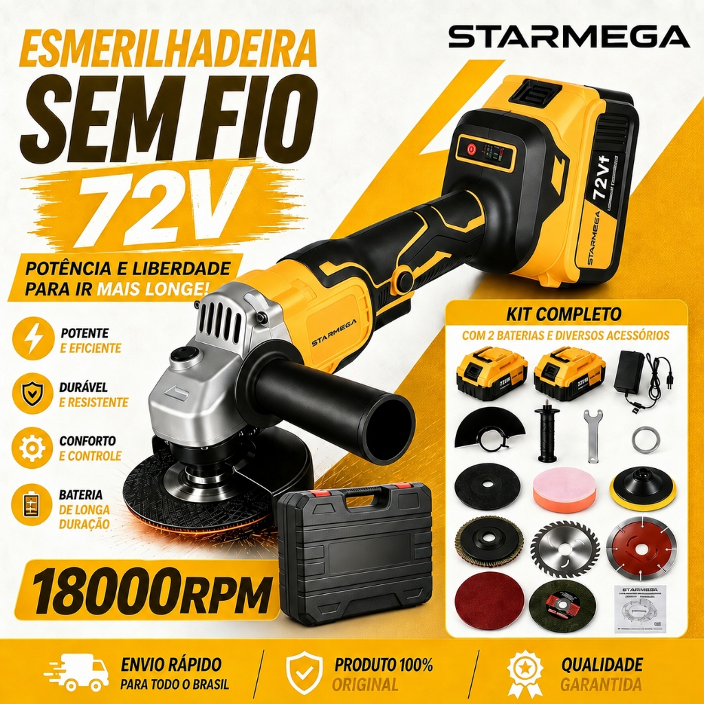 STARMEGA Brushless Angle Grinder 72V 3000W 18000RPM with 2 Lithium Batteries 125mm for Cutting and Sanding
