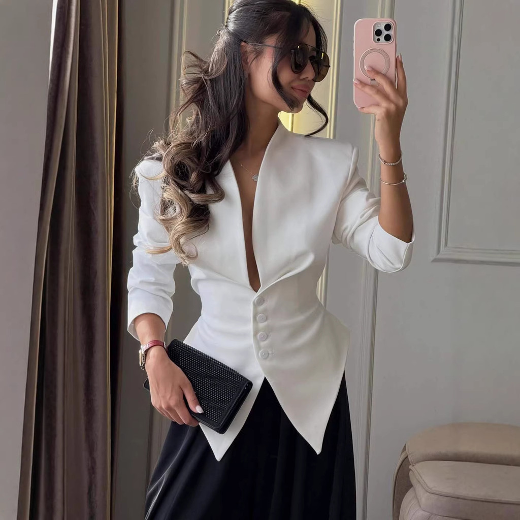 CHW Top Feminino Primavera Novo Commuter Fino Design Assimétrico Casaco Simples