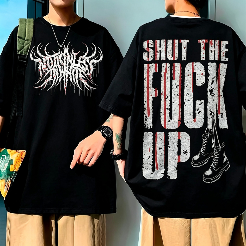 Camiseta Unisex de Alta Qualidade, Design com Letras Góticas de Estilo Death Metal na Frente, Estampa de Texto 