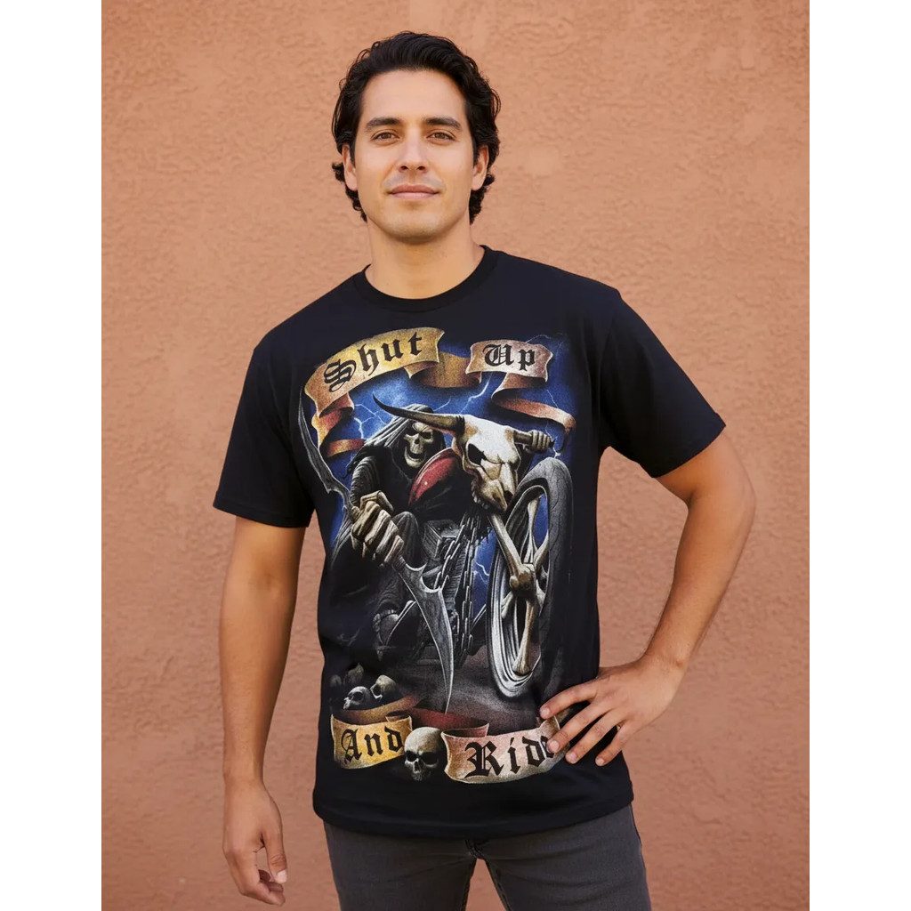 Camiseta Blusa Unissex Adulta Caveira Moto Shut Up and Ride MR287