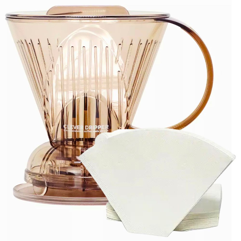 Kit Coador de Café Clever Transparente 500ml Marrom com 100 Filtros e Sistema Shut Off Original