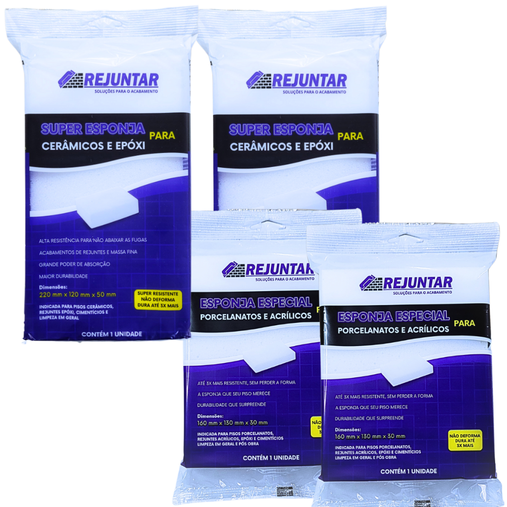 2 Super Esponjas p/ Cerâmicos, Rejuntes Cimentício e Epóxi + 2 Esponjas para Porcelanatos e Acrílico
