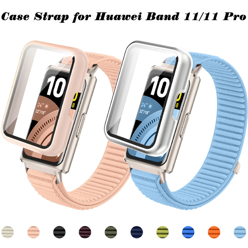 Nylon Loop Sport Strap + PC Case Para Smartwatch Huawei Band 11/11 Pro Belt Pulseira Pulseiras Respiráveis Protetor De T