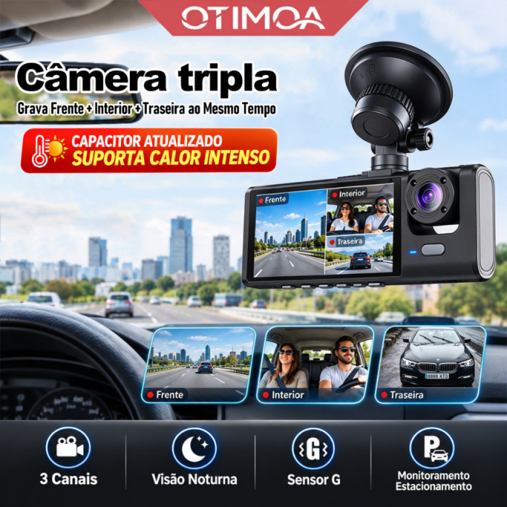 OTIMOA Câmera Dashcam Veiculare 3 Lentes HD 1080p DVR Gravação Para Uber Monitoramento Estacionamento Visão Noturna