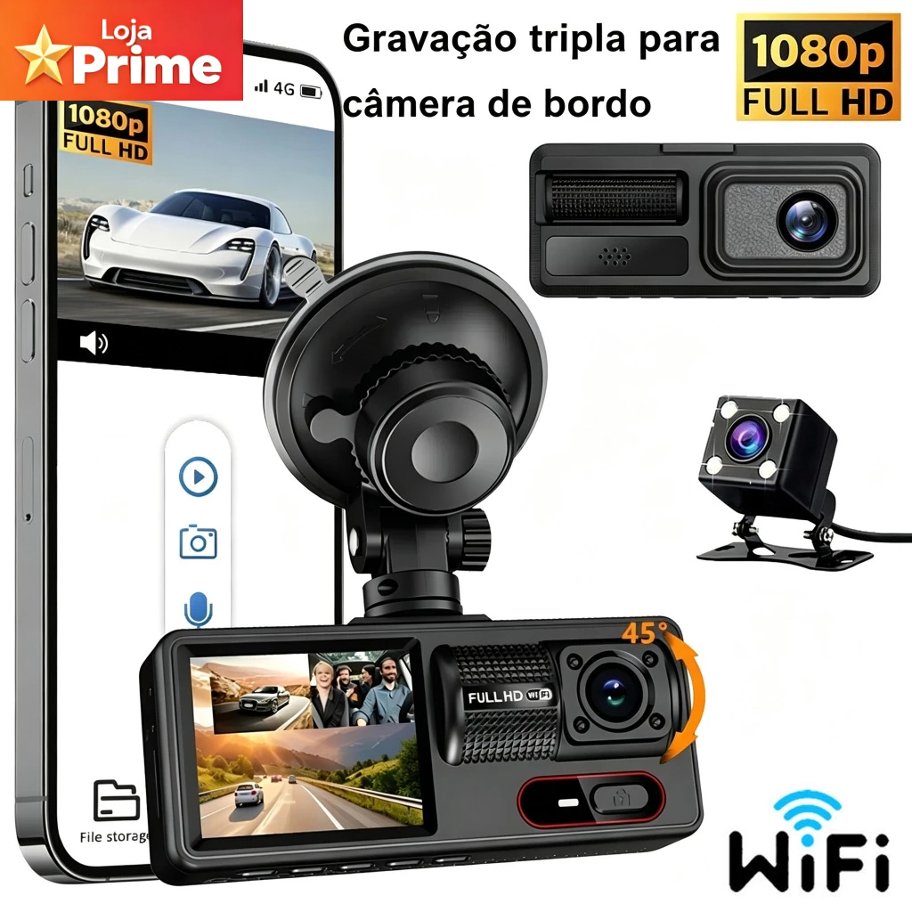 Câmera Dashcam Wi-Fi 3 Lentes HD 1080P, Wi-Fi, monitoramento de estacionamento dianteiro e traseiro