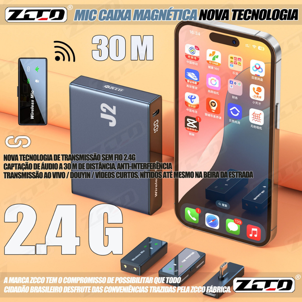 ZCCO Microfone Profissional J2 Sem Fio Magnético Anti Ruído para Celular | Ideal para Live, Vlog e Gravação de Vídeo