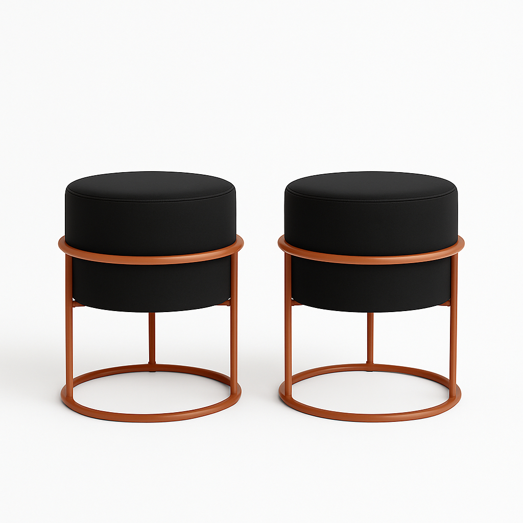 Puff Banqueta Argola em Veludo Preto Kit com 2 Unidades com Base Cobre Estilo Industrial para Sala, Quarto e Penteadeira