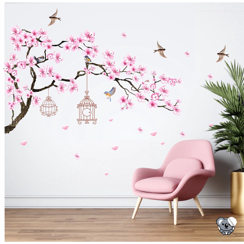 Adesivo de Parede Galho de Cerejeira Blossom e Gaiolas Papel de Parede Infantil Decalques