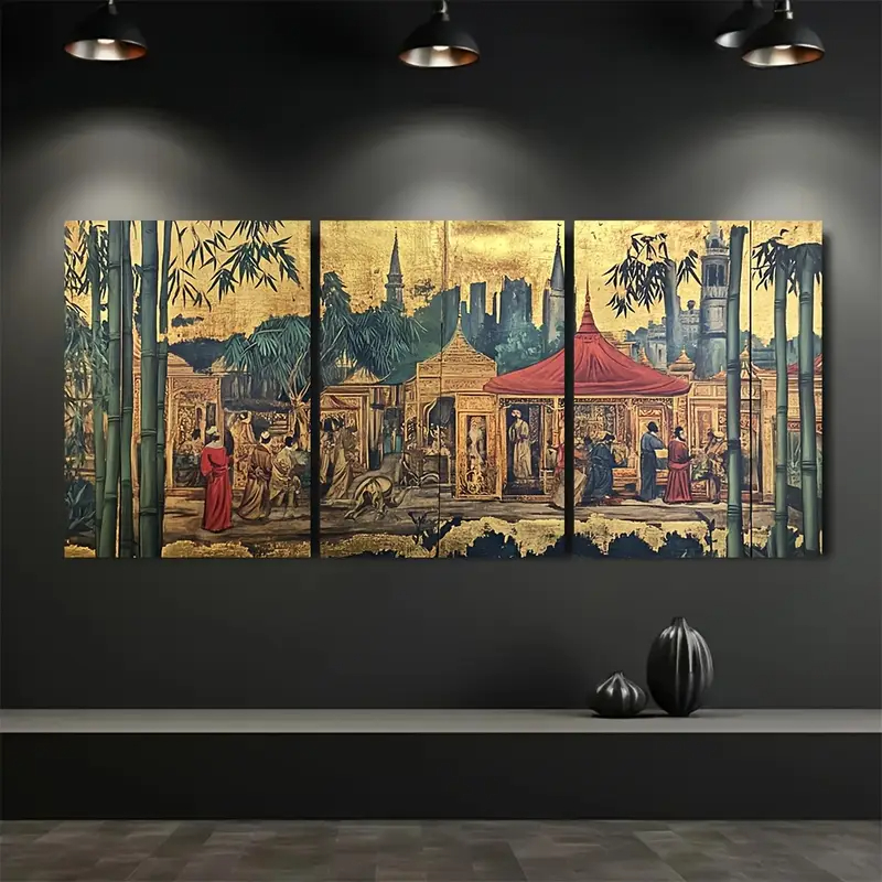 Kit 3 Quadros Cena Chinesa Clássica. Quadro Mosaico Oriental Bambu. Oriental Luxo Ouro