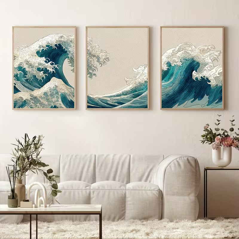 Kit 3 Quadros Decorativos Ondas Japonesas Arte Oriental Sem Furar Parede Mar Azul Pronta Entrega